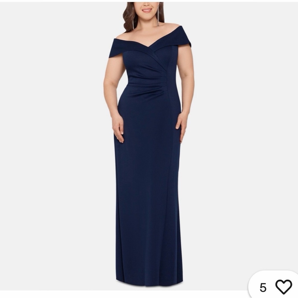Xscape Off-the-Shoulder Navy Maxi Gown